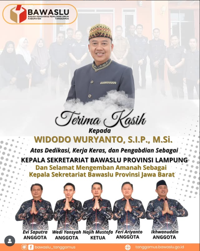 Bawaslu Kabupaten Tanggamus Sampaikan Apresiasi dan Ucapan Terima Kasih kepada Kepala Sekretariat Bawaslu Provinsi Lampung