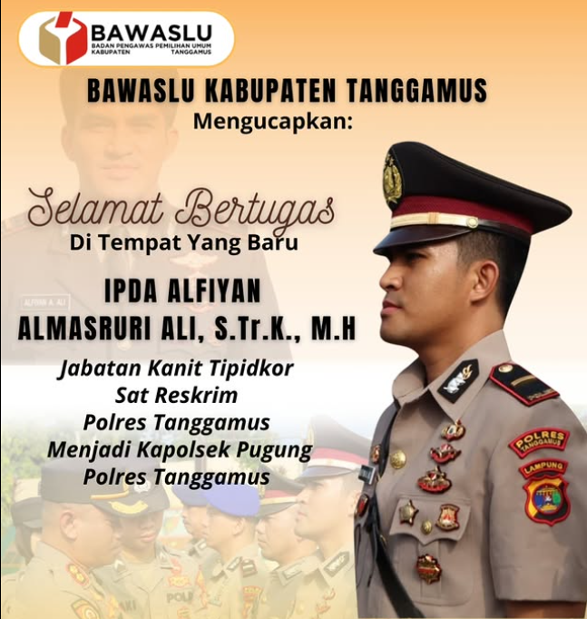 Bawaslu Kabupaten Tanggamus Ucapkan Selamat Bertugas kepada IPDA Alfiyan Almasruri Ali di Jabatan Baru
