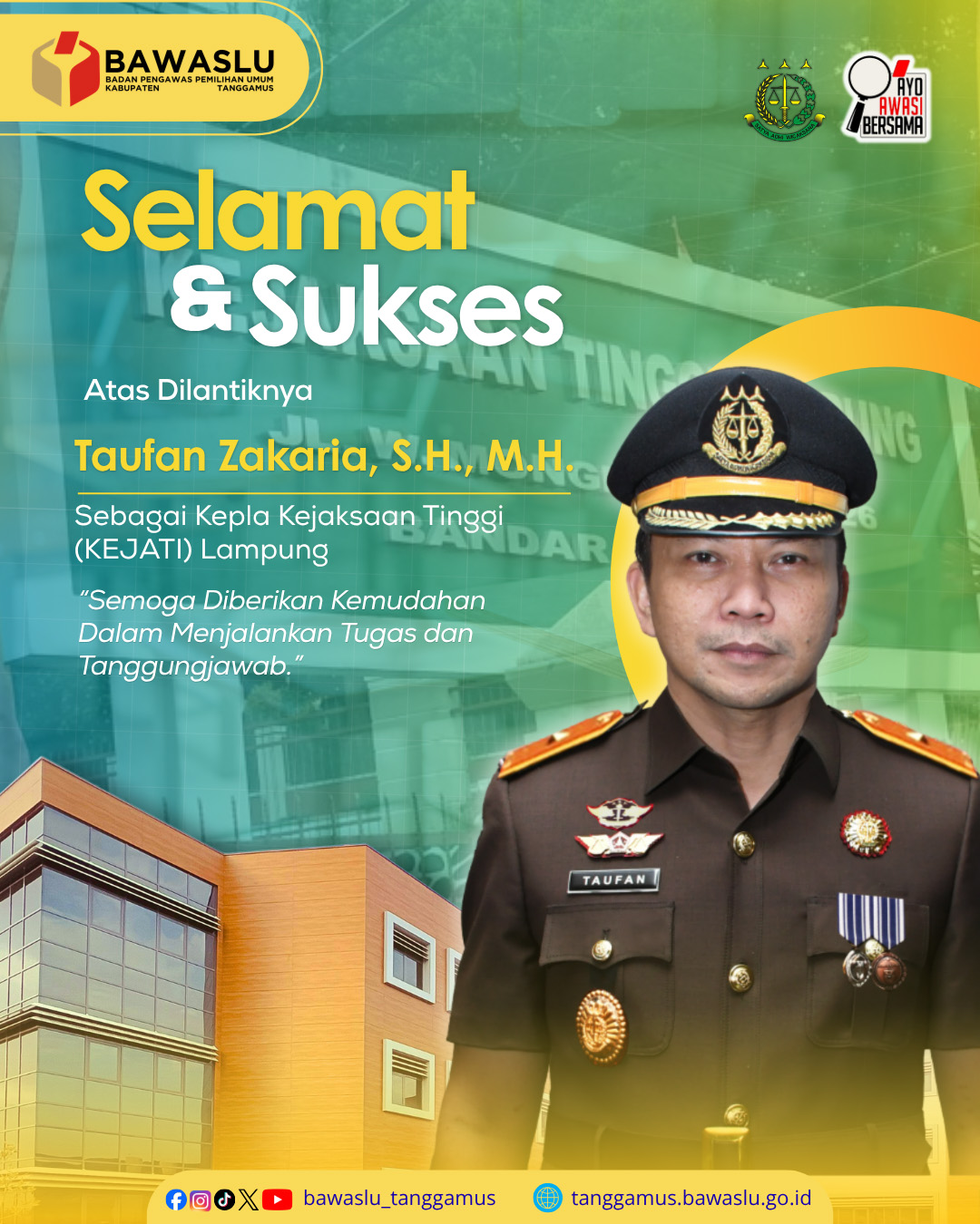 Bawaslu Tanggamus Ucapkan Selamat atas Dilantiknya Taufan Zakaria sebagai Kajati Lampung