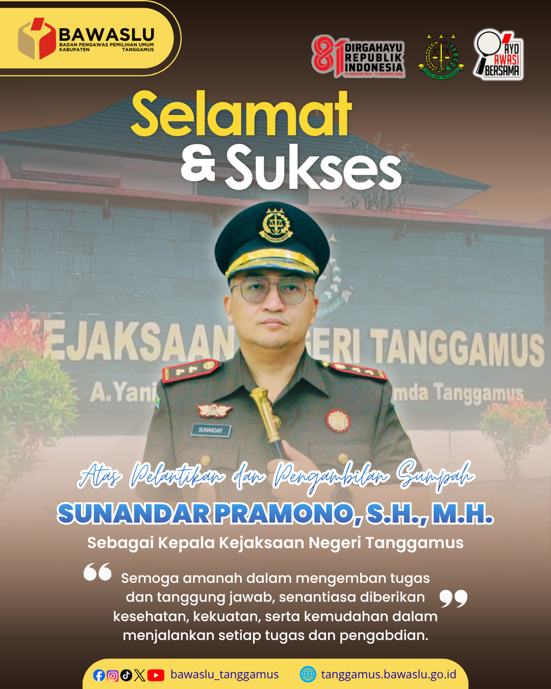 Selamat dan Sukses atas Pelantikan Kepala Kejaksaan Negeri Tanggamus